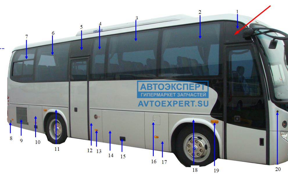 Каталог запчастей на автобусы Higer: стеклянные элементы